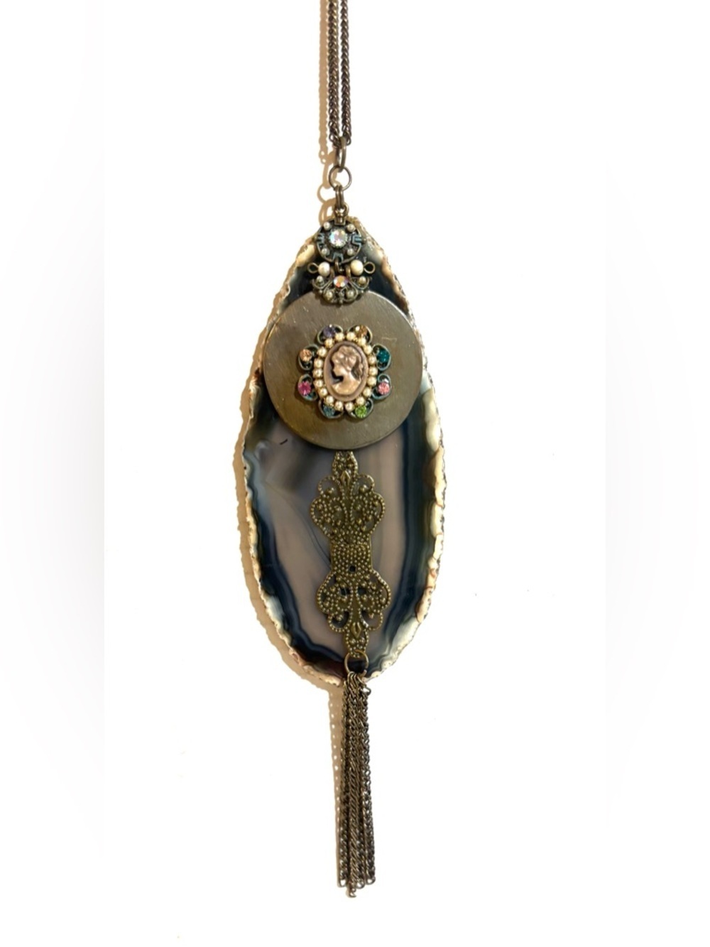 Agate Pendant Necklace with Cameo and Tassel - Multicolor Accents